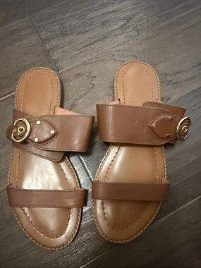 Coach Brown Leather Slide Sandals with Gold Buckle Detail